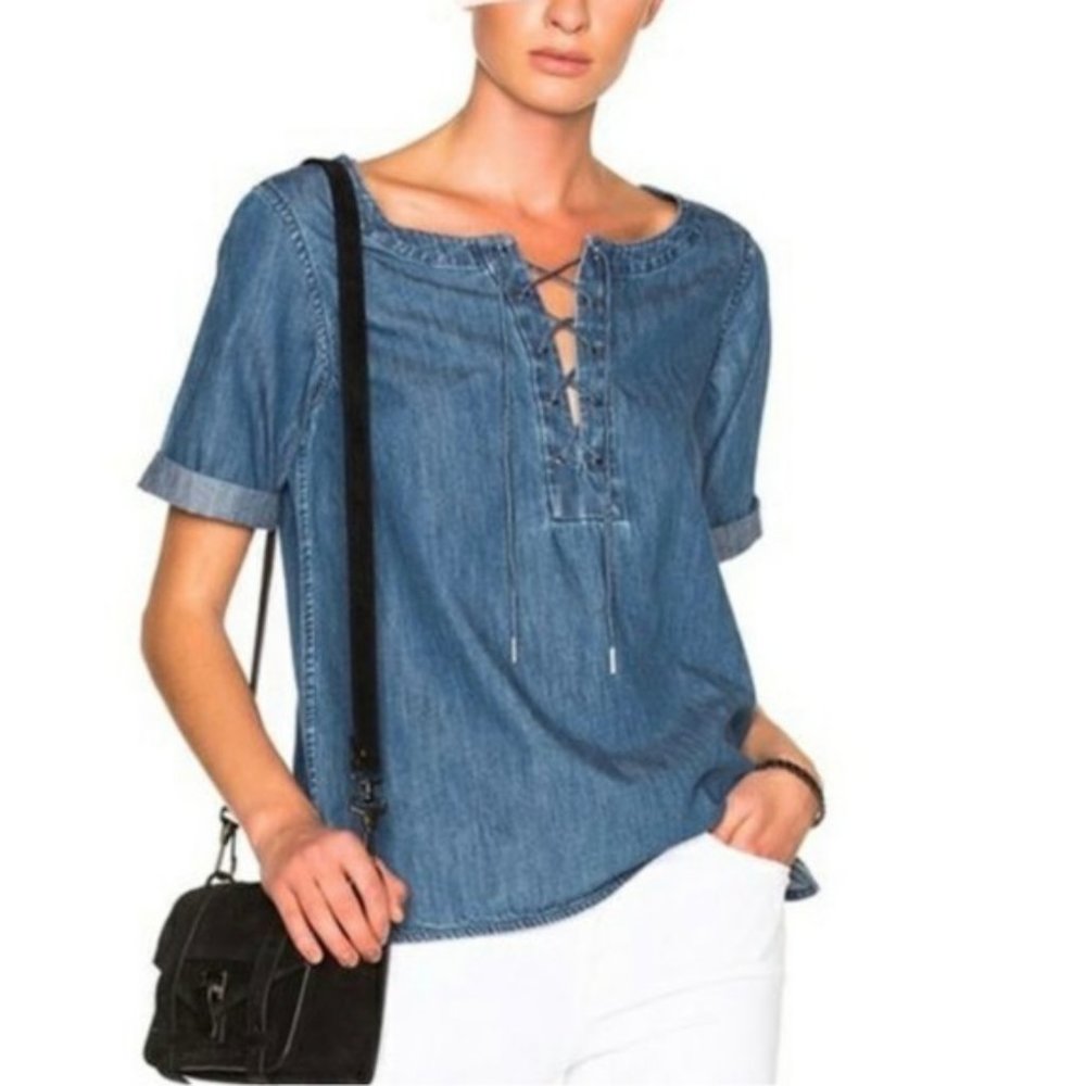 Rag and bone SS blue denim work casual lace front tunic  blouse S